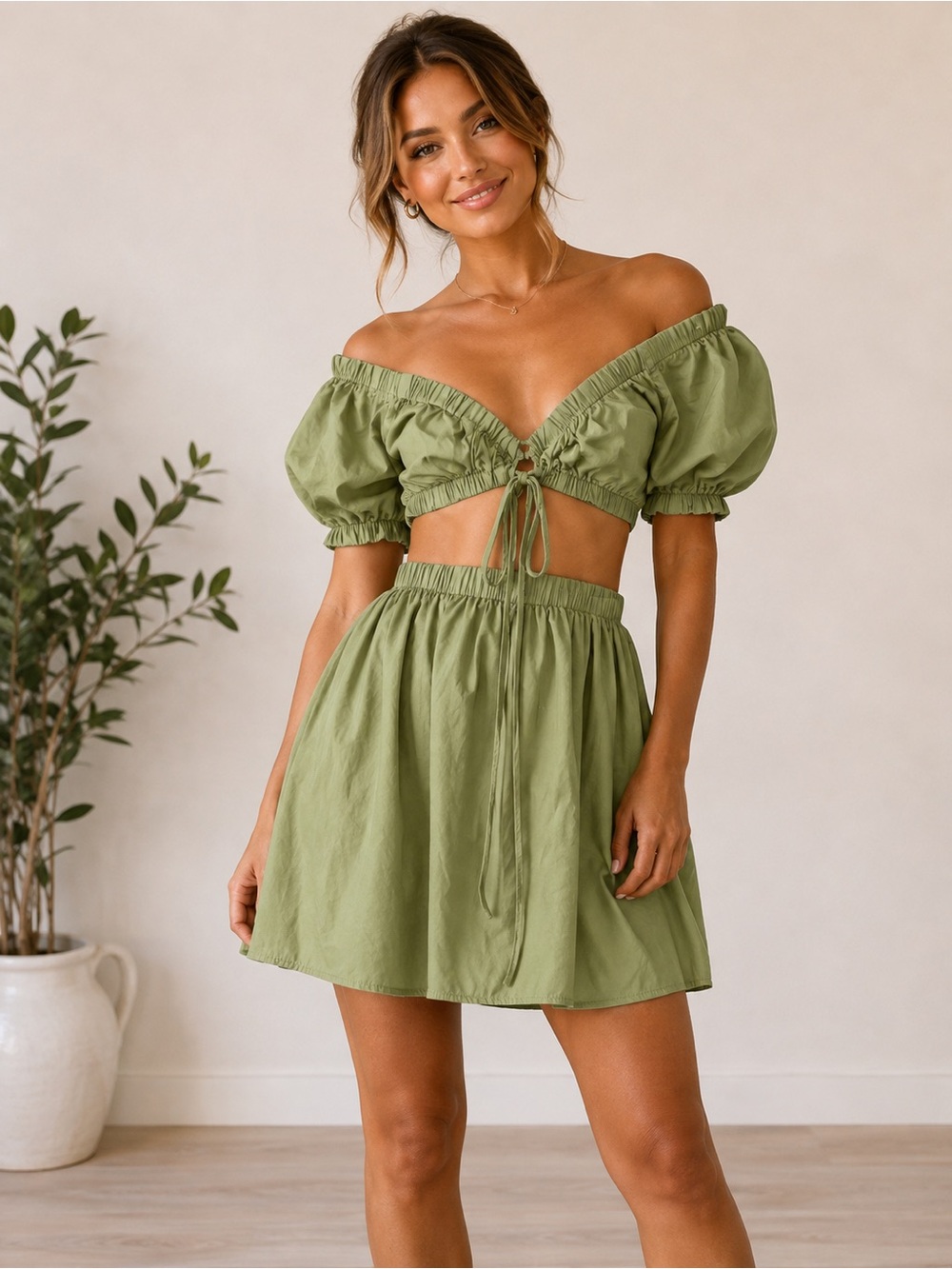 Off-Shoulder Olive Mini Dress with Tie Front